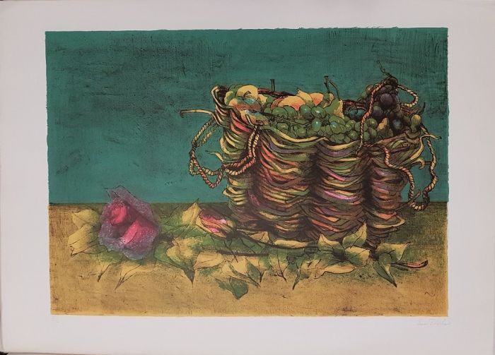 Eva Fischer, Still life with fruit basket and roses, 1975, Colored Litograph, Modern art Artwork, Graphic Art