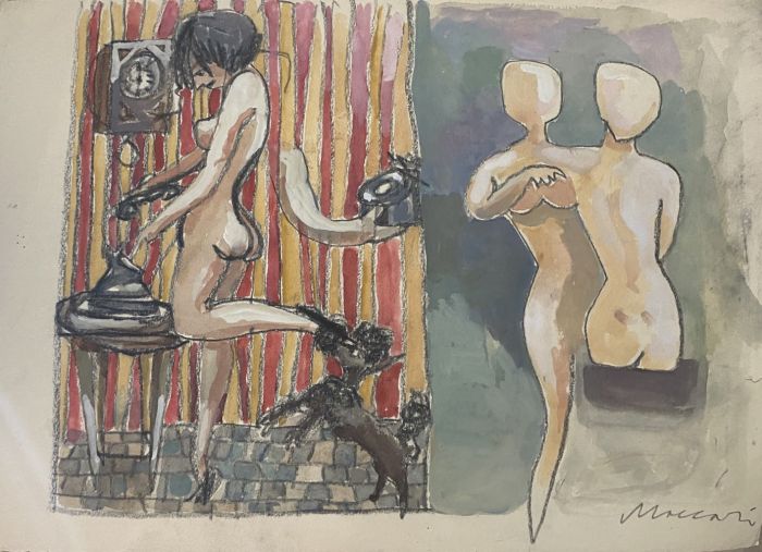 "The Phone Rings"  is an original hand colored drawing on ivory-colorated paper by Mino Maccari (1898-1989).