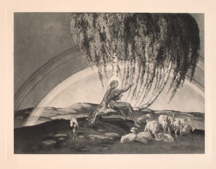 "Der Gute Hirte"  is an original Black and white héliogravure on cream-colored cardboard realized by Choisy Le Conin, pseudonym of Franz Von Bayros (Agram, 1866 – Vienna, 1924).