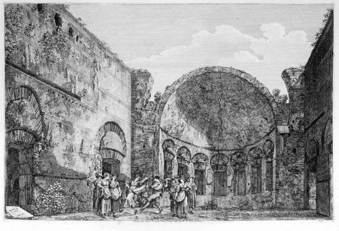 Luigi Rossini, Tempio degli Stoici ove erano i sette Filosofi della Grecia in Villa Adriana. Rome, 1825, Luigi Rossini, Rome, Architecture, Ruins, Landscape, Roman, Villa, Palace, Neoclassicism, Old Masters, Artworks, Etchings, Engraves, Archeology, Monum