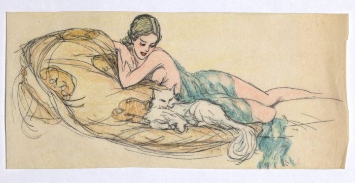 "Woman Figure"  is an original erotic ink and colored pastels drawing on ivory-colored paper, glued on white paper, realized by Anonymous Artist of the XX Century.