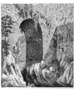 Luigi Rossini, Veduta dell'antico ponte situato fuori di Porta Romana nella Citta di Cora. Roma, 1825, Luigi Rossini, Tivoli, Rome, Architecture, Ruins, Landscape, Roman, Villa, Palace, Neoclassicism, Old Masters, Artworks, Etchings, Engraves, Archeology,