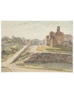 "View from the Colosseum in Rome" is an original drawing in mixed media on paper, realized by Jean Delpech (1916-1988).