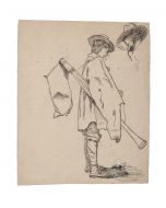 "Bassoon Player"  is an original black China ink and pencil drawing on ivory-colorated paper  by Anonymous Artist of XIX Century.