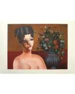 Contemporary art, Artwork, Print, Lithograph, Franco Gentilini,Ragazza con vaso di fiori