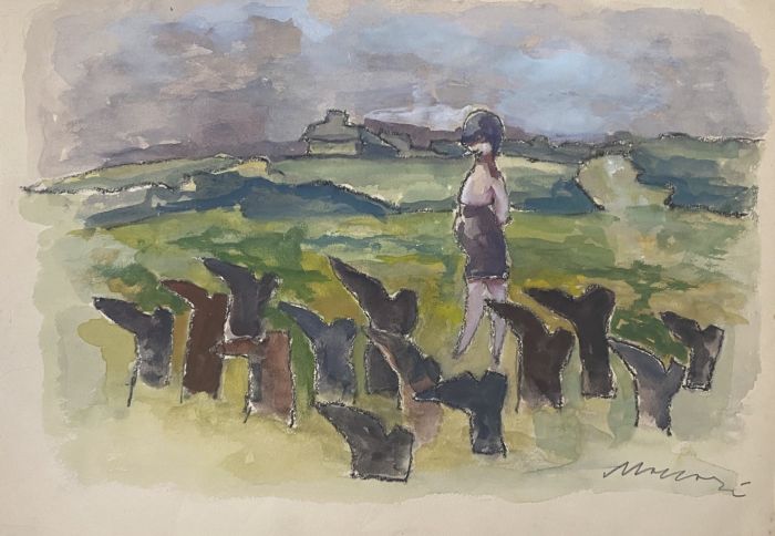 "Browse"  is an original hand colored drawing on ivory-colorated paper by Mino Maccari (1898-1989).