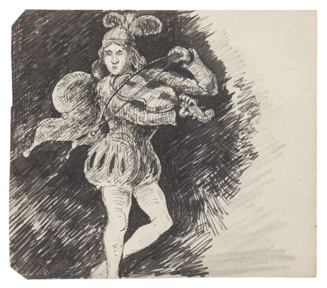 "Court Violinist" is an original ink drawing on paper, realized by an Anonymous French Artist of the XX Century 