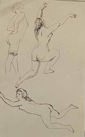 "Figures Studies"  is an original China ink drawing on ivory-colorated paper by Anonymous French Artist of XX Century.