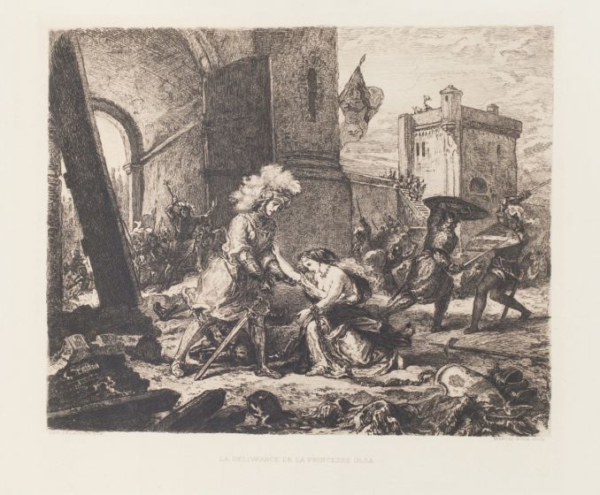 La Delivrance De La Princesse Olga is an original print in etching technique on ivory-colored paper, realized by Eugène Delacroix .
