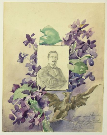 "Portrait" is an original pencil and watercolor drawing on ivory-colorated paper by Jane Dubaut (1885-1970).