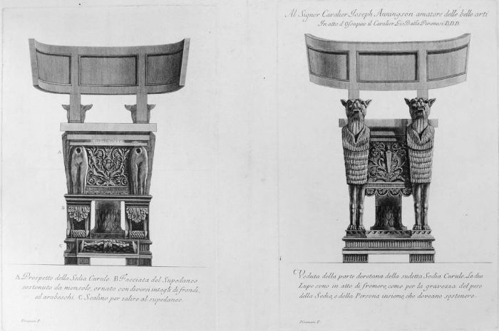 G.B.Piranesi, Prospetto della medesima Sedia Curule + Veduta della parte deretana della suddetta Sedia Curule, 1778.G.B.Piranesi, Francesco, vases and Candelabras, Etching, Engraving, Old Master, Rembrand, Goya, Neoclassicism, Roman antiquities, forniture