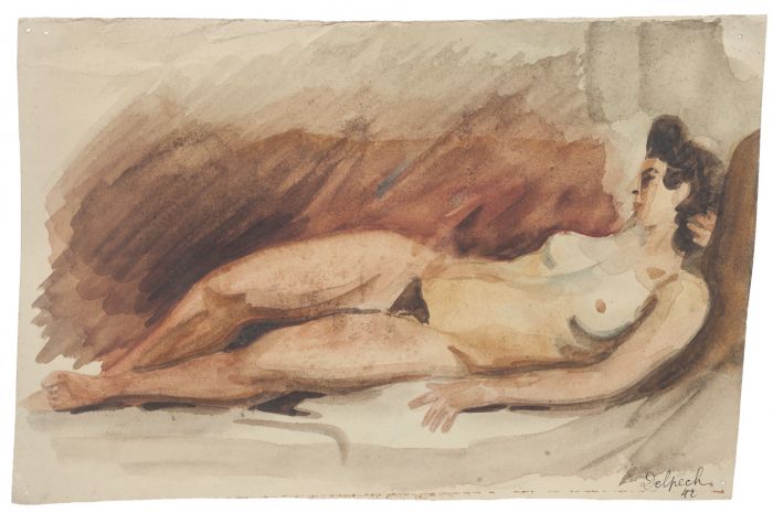 Nude is an original drawing in tempera and watercolor a on paper, realized by Jean Delpech (1988-1916).