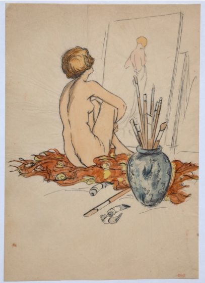 "Nude"  is an original erotic ink and watercolor drawing on ivory-colored paper, glued on white paper, realized by Anonymous Artist of the XX Century.