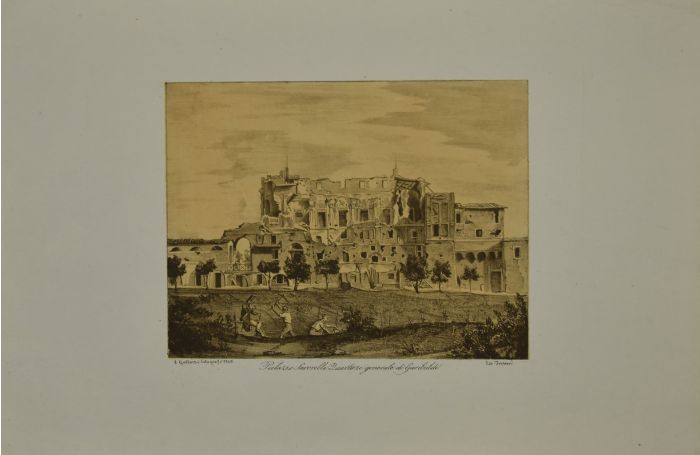Palazzo Savorelli Quartiere Generale di Garibaldi is an original lithograph on cardboard realized by Gallozzi in the second half of the XX century.