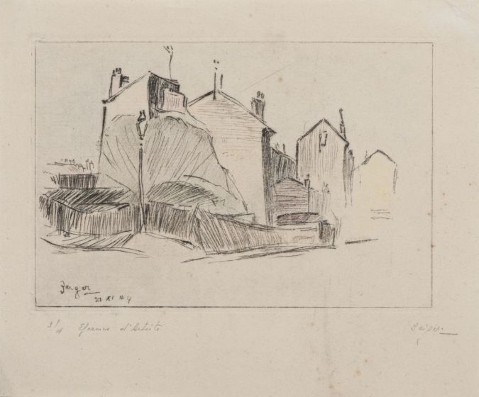 "Houses in Paris" is an original drawing in etching technique, realized by Jacques Bergen, Russian Artist (1912-1978, Paris). 