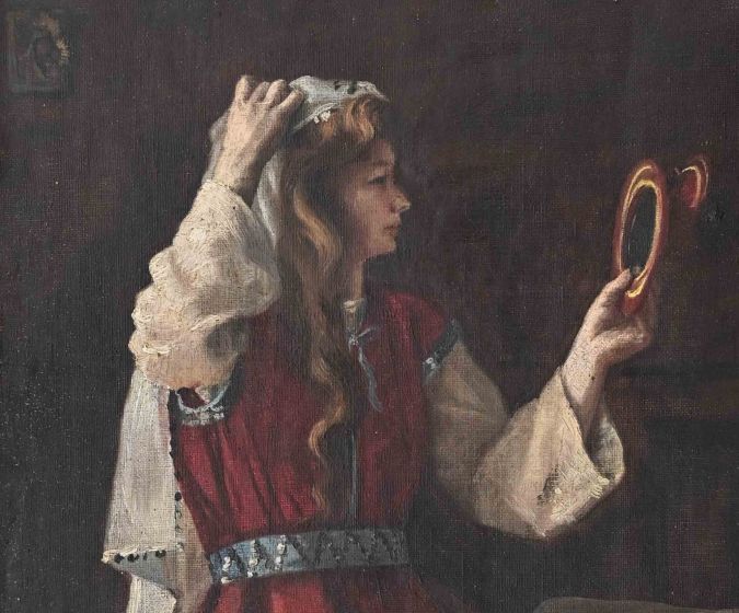 A Young Oriental Woman Looking in the Mirror 