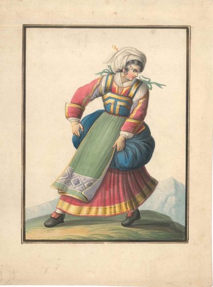 Michela De Vito, Woman in Italian typical costumes, Watercolour, 1820 c.a., Artwork, Old Masters, traditional, folkloric, Regno di Napoli, woman, Italian, XIX century