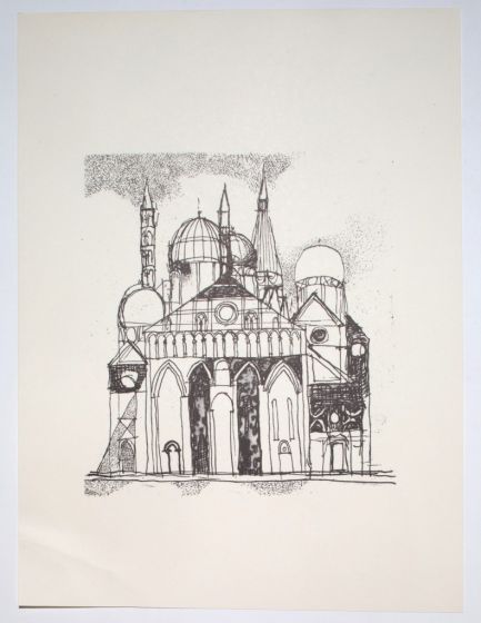 The Cathedral is an original Vintage Offset Print on ivory-colored paper, realized by Franco Gentilini (Italian Painter, 1909-1981), in Late 20th Century.