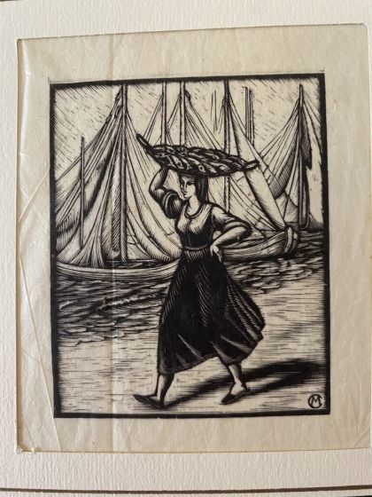 "The fisherwoman" is an original xilograph on brown-colored paper, realized by Anonymous Artist of the 20th Century.