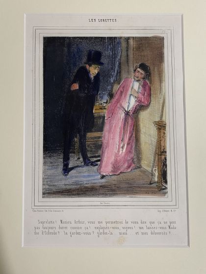 "Les Lorettes"  is an original hand-watercolored lithograph on ivory-colorated paper by Paul Gavarni (1804-1866).