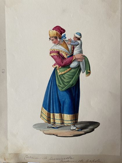 Costume di Napoli is an original gouache drawing on paper realized by Michela De Vito, Naples.