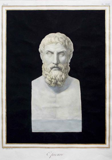 A. Tofanelli, P. Bettelini, Epicuro, Hand-Watercolored Etching, Rome, 1821. 