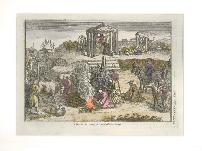 G. Pivati, Japanese Wedding Ceremony, Hand-Colored Etching, 1746-51, Feast, Etching, Wartercolour, Old Masters, Uses, Costumes, Asia, America, Sacred, profane, Dictionnary, Scientific, Curious, Church, dogma, Gianfrancesco, Pivati, Venice, Milocco, Religi