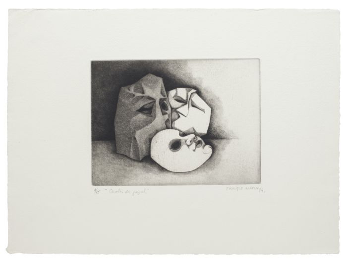 Caretas de Papel 1974s is a splendid print in etching technique engraved by the Enrique Marin (1935-2020).