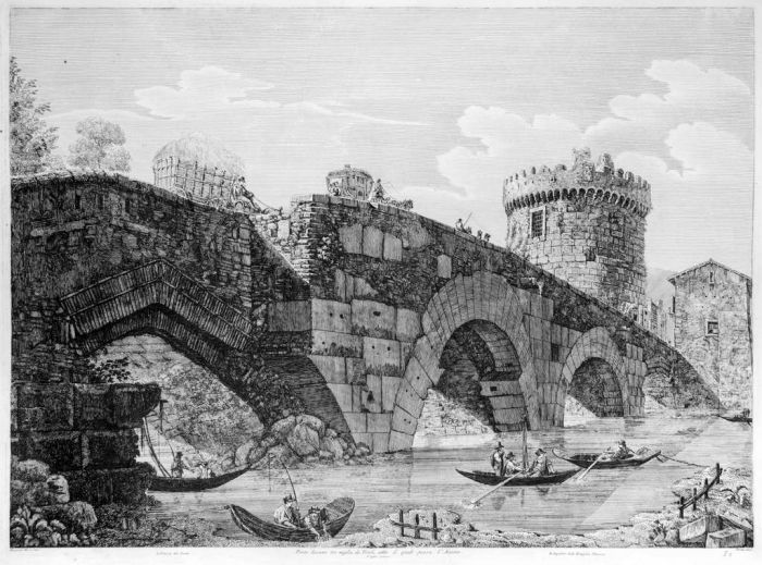 L. Rossini, Tivoli, Rome, Architecture, Ruins, Landscape, Roman, Villa, Palace, Neoclassicism, Old Masters, Artworks, Etchings, Engraves, River, Aniene, Bridge