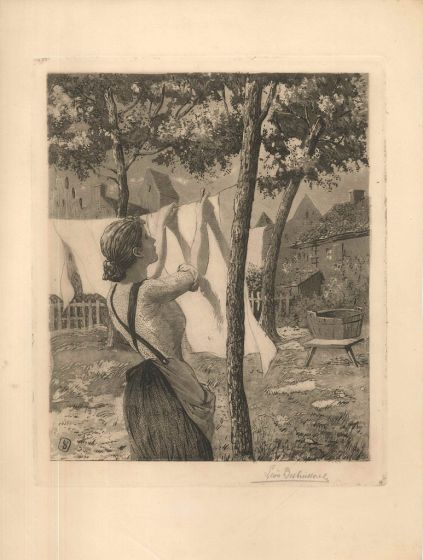 Woman Hanging Laundry by Léon Desbuissons - Modern Artwork