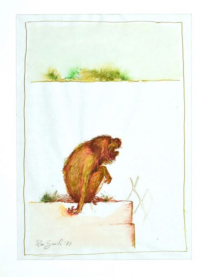 The monkey is an original painting in watercolor on paper by Leo Guida in 1971.
