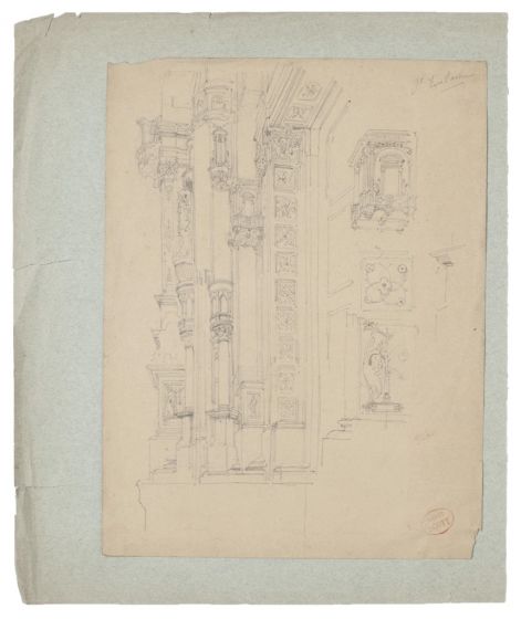 "Architecture"  is an original pencil drawing on ivory-colorated paper, glued on cardboard, by Anonymous Artist of XIX Century.