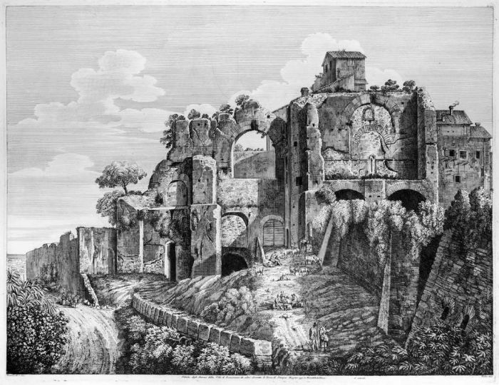 Luigi Rossini, veduta degli Avanzi della Villa di Domiziano (...), Rome, 1826, Luigi Rossini, Tivoli, Rome, Architecture, Ruins, Landscape, Roman, Villa, Palace, Neoclassicism, Old Masters, Artworks, Etchings, Engraves, Archeology, Monuments, Piranesi, Do