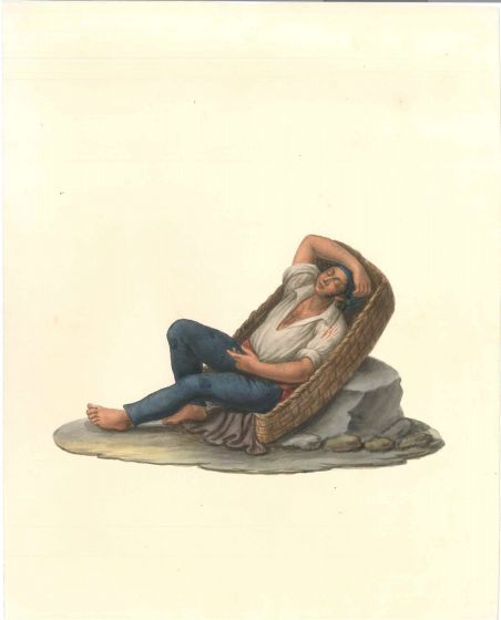 Michela De Vito, Untitled, Watercolour, 1820 c.a., Artwork, traditional costumes, Folk, Old Masters, Naples, worker, farmer, man, sleeping, 