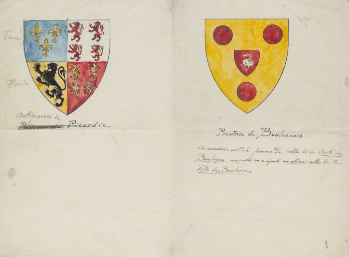 "Coats of Army" is an original drawing in pen and watercolor on paper, realized by an Anonymous France Artist of the XIX Century