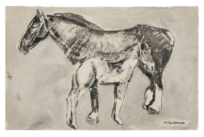 "Horse"  is an original black watercolored ink drawing ion ivory-colored paper, signed by Germaine Nordmann (1902-1997).