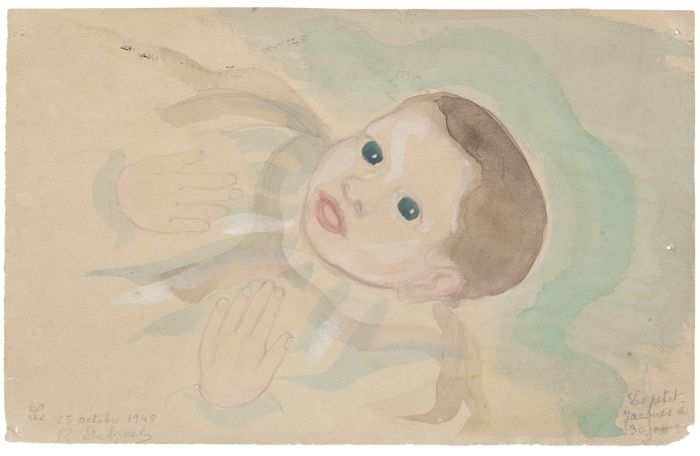 "Portrait of a Child" is an original drawing in tempera and watercolor on paper, realized by Jean Delpech (1916-1988). 