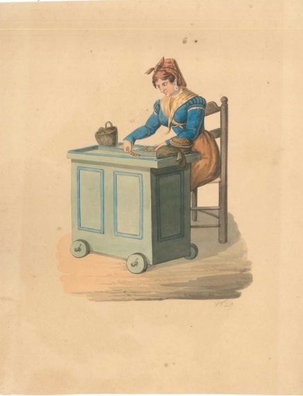 Michela De Vito, Napolitan woman at work, typical costumes, Watercolour, 1829, Artwork, Old Masters, traditional, folkloric, Regno di Napoli, woman, Italian, Napolitan, XIX century