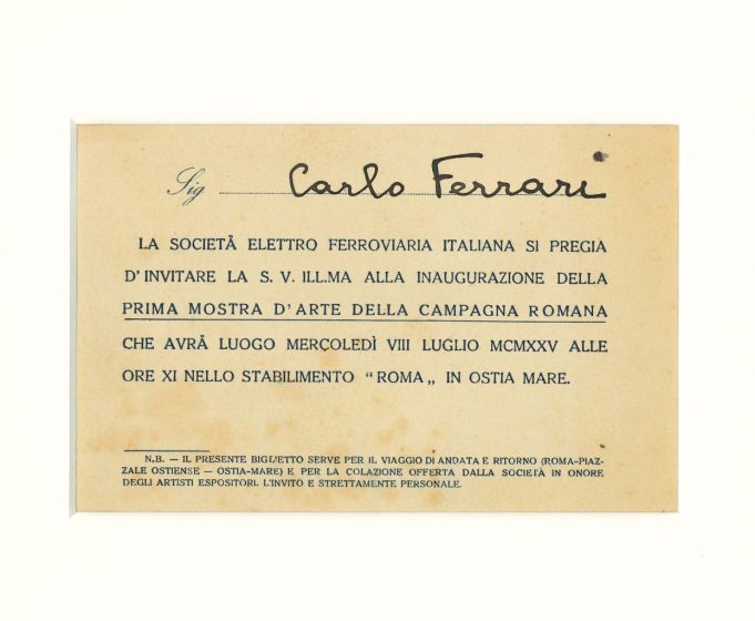 Invitation Letter is an original invitation to the first art exhibition in the Roman countryside, 1925, at Carlo Ferrari.