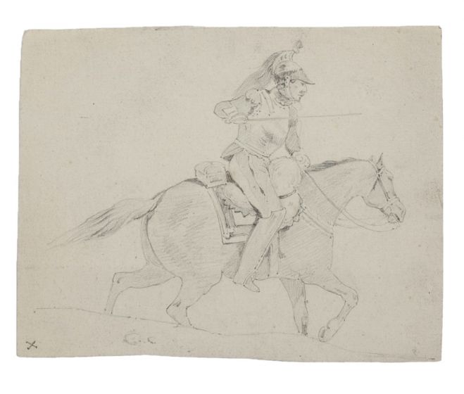 "Soldier on Horseback"  is an original tempera drawing on ivory-colored paper by Anonymous Artist of XIX Century.  