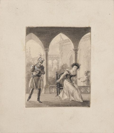 "Gallant Scene"  is an original pencil drawing on paper, glued on ivory-colorated cardboard by Anonymous Artist of XIX Century.