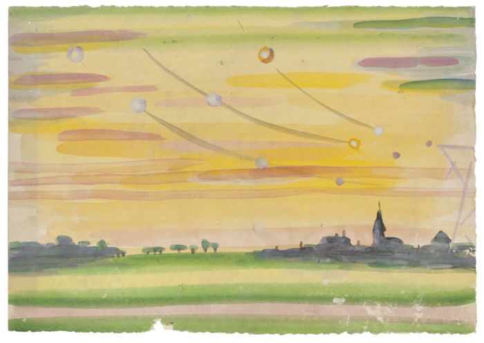 "Landscape" (1940) is an original drawing in watercolor on paper, realized by Jean Delpech (1916-1988). 