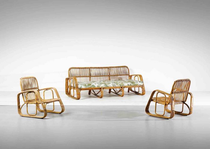 Bamboo and Fabric Sofa with Pair of Armchairs  - Furniture 