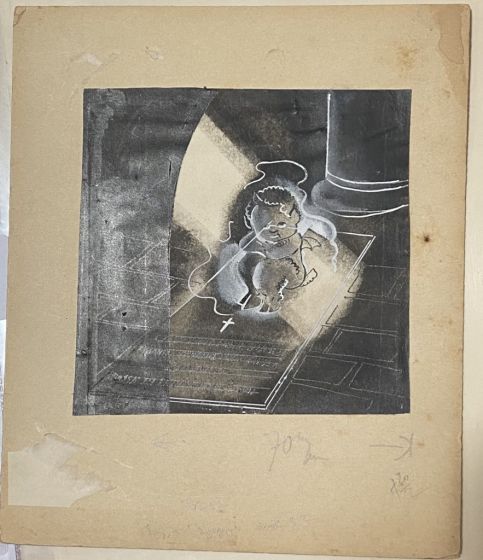 "CHURCH INTERIOR" is an original drawing in mixed media on cardboard, realized by an Anonymous Artist of the XX Century

