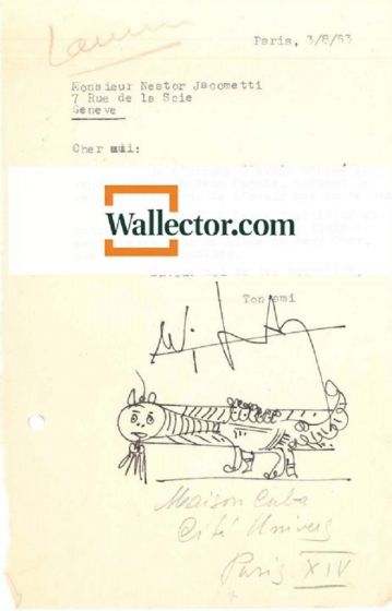 W.Lam, Typewritten Signed Letter with Original Sketch, to N. Jacometti. Paris, 3rd August 1953. Excellent condition