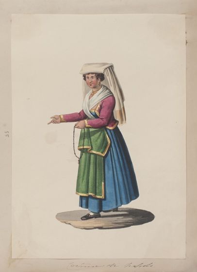 Costume di Napoli is an original gouache drawing on paper realized by Michela De Vito, Naples.