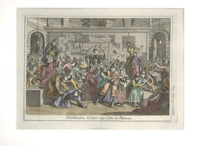 G. Pivati, The Patriarch distributing the Holy Fire, Hand-watercoloured Etch, 1746-51, Feast, Etching, Wartercolour, Old Masters, Uses, Costumes, Asia, America, Sacred, profane, Dictionnary, Scientific, Curious, Church, dogma, Gianfrancesco, Pivati, Venic