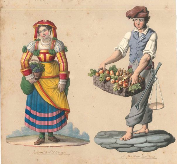 Michela De Vito, Tortorella d'Abruzzo e fruttaro napolitano, Old Masters, Watercolor, Folk, traditional costumes, Italy, Naples, popular figures, Italian