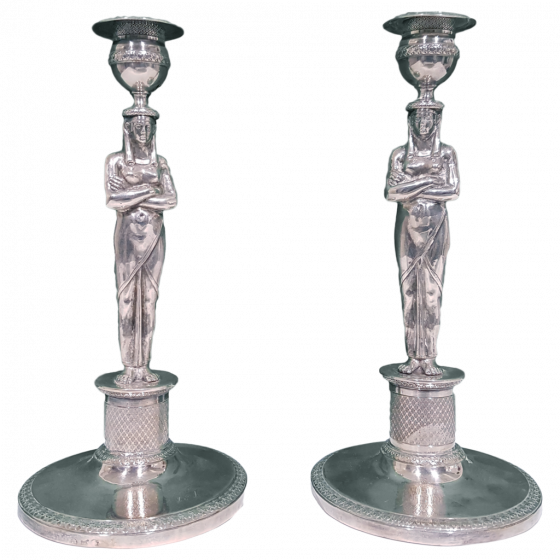 Silwerware, silver candelabra, Egyptian telamons, Lombardo Veneto, Milan, Objects