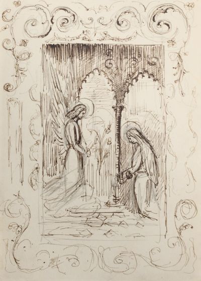 "Sacred Scene" is an original drawing in tempera and pen on paper, realized by an Anonymous Artist of the XX Century . 